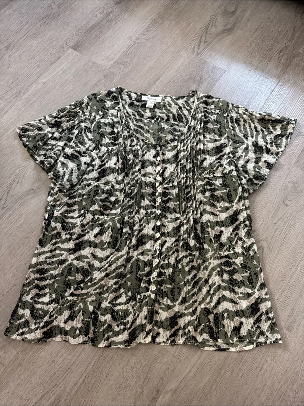 Style & Co. Olive and Ivory Animal Print Button-Front Short Sleeve Top